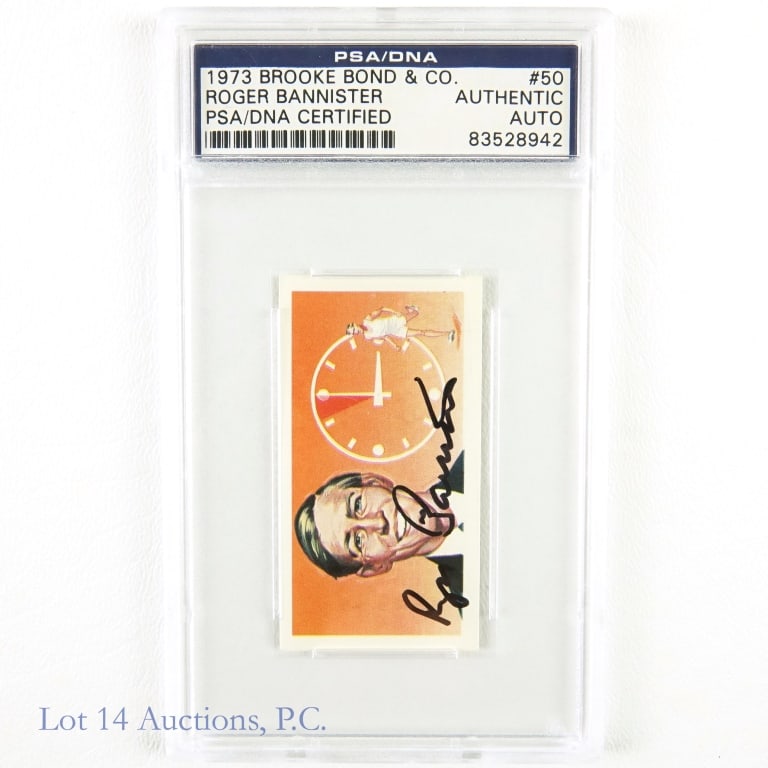 Signed 1973 Roger Bannister Brooke Bond & Co (PSA): Autographed 1973 Brooke Bond & Co. #50 Roger Bannister Auto Trading Card (PSA/DNA Certified) (PSA Certification: 83528942). This signature is guaranteed to be authentic by PSA/DNA. Roger Bannister is 