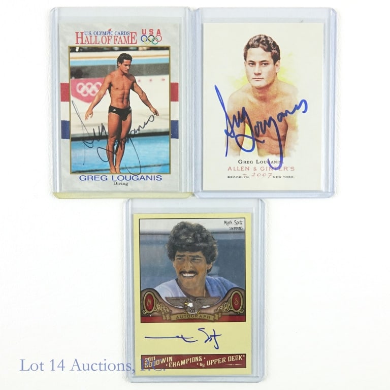 Signed Mark Spitz Greg Louganis Cards (COA) (3): Autographed 2011 Upper Deck Goodwin Champions #A-SP Mark Spitz Auto (UD COA) / Autographed 2007 Topps Allen & Ginter's #197 Greg Louganis / Autographed 1991 Impel #50 Greg Louganis Olympic Swimming Tr