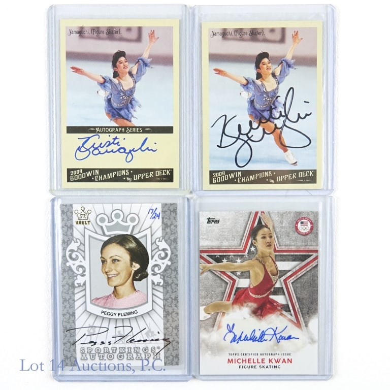 Signed Olympic Ice Figure Skating Cards (COA) (4): Autographed 2018 Topps U.S. Olympics #MK Michelle Kwan Auto (08/74) / Autographed 2009 Upper Deck Goodwin Champions #A-YA Kristi Yamaguchi Auto / Autographed 2009 Upper Deck Goodwin Champions #116 Kri