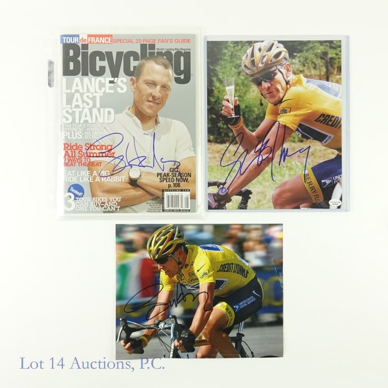 Lance Armstrong Signed Photos & Bicycle Magazine: Lance Armstrong Signed Photographs (8 x 10) or (10 x 8) & Autographed Bicycle Magazine (3 Autographed Items Total). Lot 14 guarantees the authenticity of these signatures (read auction info for detail
