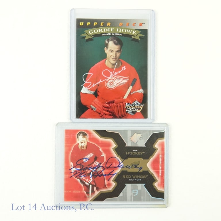 Gordie Howe Signed Upper Deck NHL Cards (2): Autographed 1992 Upper Deck Howe Heroes #20 Dynasty in Detroit Auto (Hand-Signed) / 2006 SPX #34 Mr. Hockey Auto (Hand Signed) NHL Hockey Trading Cards (2 Cards Total - Both Signed). Lot 14 guarantees