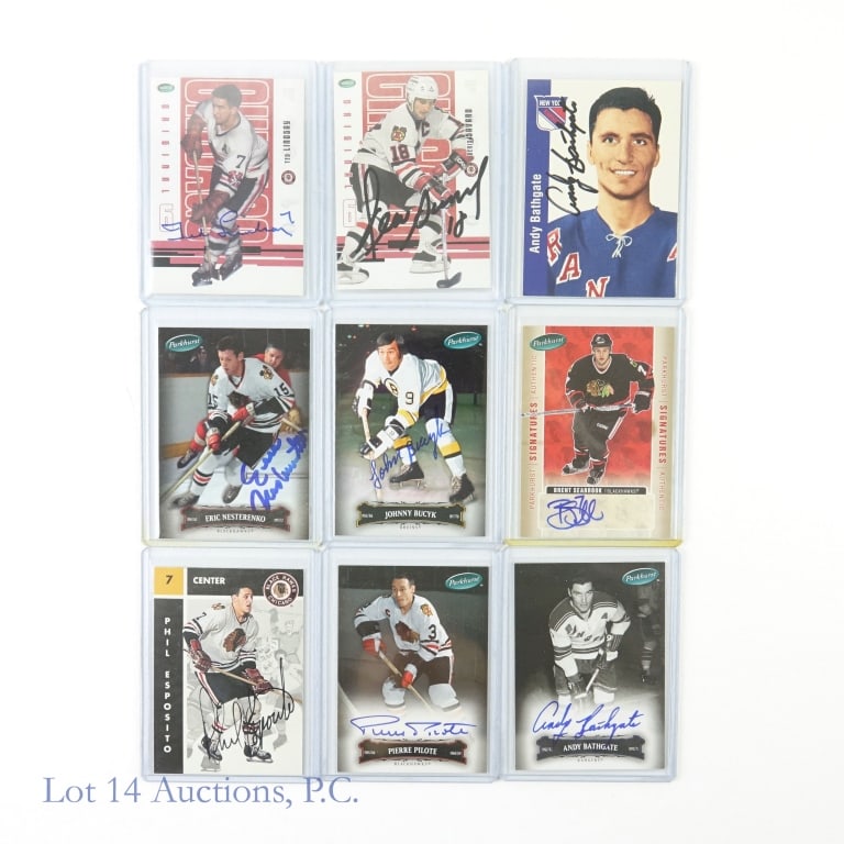 Signed Parkhurst NHL Hockey Cards (COA) (9): Autographed Parkhurst NHL Hockey Trading Cards (9 Cards Total - All Signed) (Parkhurst & Autograph Event Ticket COA's - 4 Cards). Lot 14 guarantees the authenticity of these signatures (read auction i