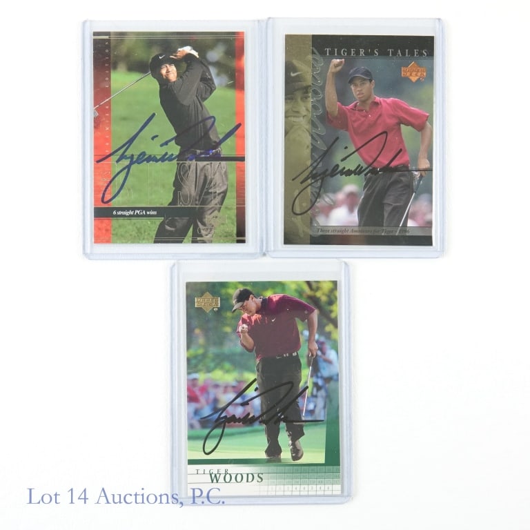 Signed 2001 Upper Deck Tiger Woods Rookie Cards (3): 2001 Upper Deck Golf #1 Tiger Woods Auto Rookie Card / 2001 Upper Deck Golf Tiger's Tales #TT11 Tiger Woods Auto Rookie Card / 2001 Upper Deck Golf Woods Collection #TWC14 Tiger Woods Auto Rookie PGA