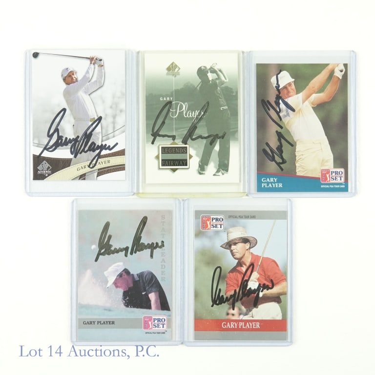 Signed Gary Player Pro Set Upper Deck Cards (5): 1990 PGA Tour Pro Set #79 Gary Player Auto / 1991 PGA Tour Pro Set #194 Gary Player Auto / 1992 PGA Tour Pro Set #270 Gary Player Auto / 2002 SP Authentic #50SPA Gary Player Auto / 2013 SP Authentic #