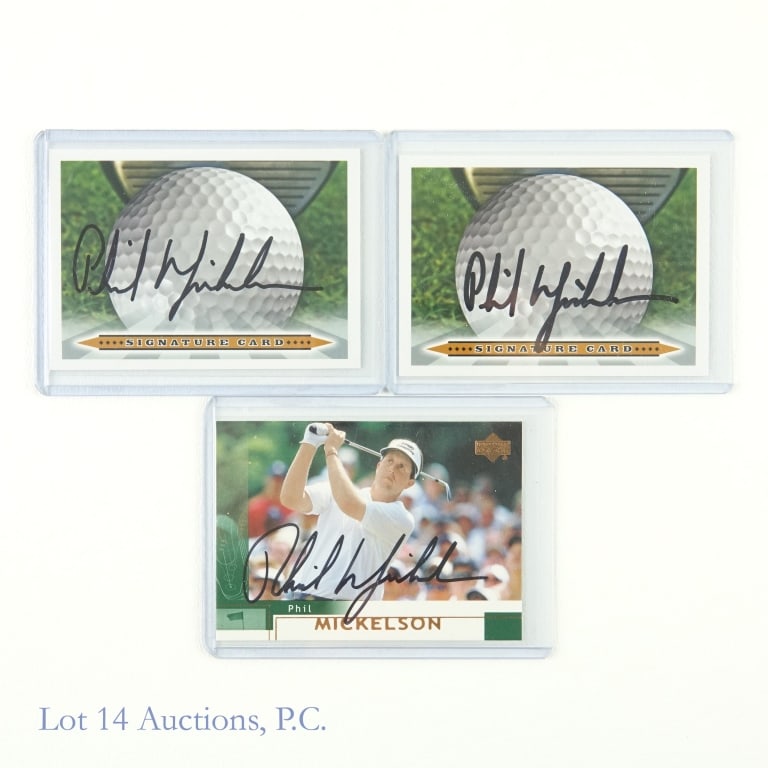 Signed Upper Deck Phil Mickelson Rookie Card (3): 2002 Upper Deck Golf #41 Phil Mickelson Rookie Card Auto / (2x) Phil Mickelson Autographed Golf Cards / PGA Tour Golf Trading Cards (3 Cards Total - All Autographed). Lot 14 guarantees the authenticit