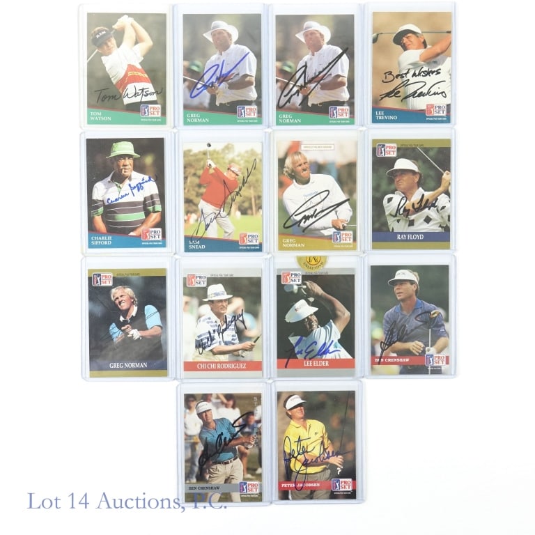 Signed 1990-1992 PGA Tour Pro Set Cards (HOF) (14): Autographed 1990-1992 PGA Tour Pro Set Golf Trading Cards (14 Cards Total - All Signed). Lot 14 guarantees the authenticity of these signatures (read auction info for details). Features: Sam Snead, To