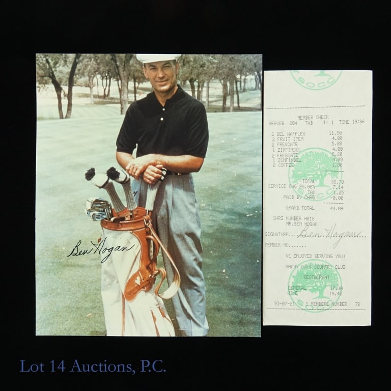 Ben Hogan Signed Photo & Shady Oaks Golf Receipt: Ben Hogan Signed Photograph (7 x 9) & Autographed Shady Oaks Golf Country Club Restaurant Receipt (Dated July 21st, 1993). Lot 14 guarantees the authenticity of these signatures (read auction info for