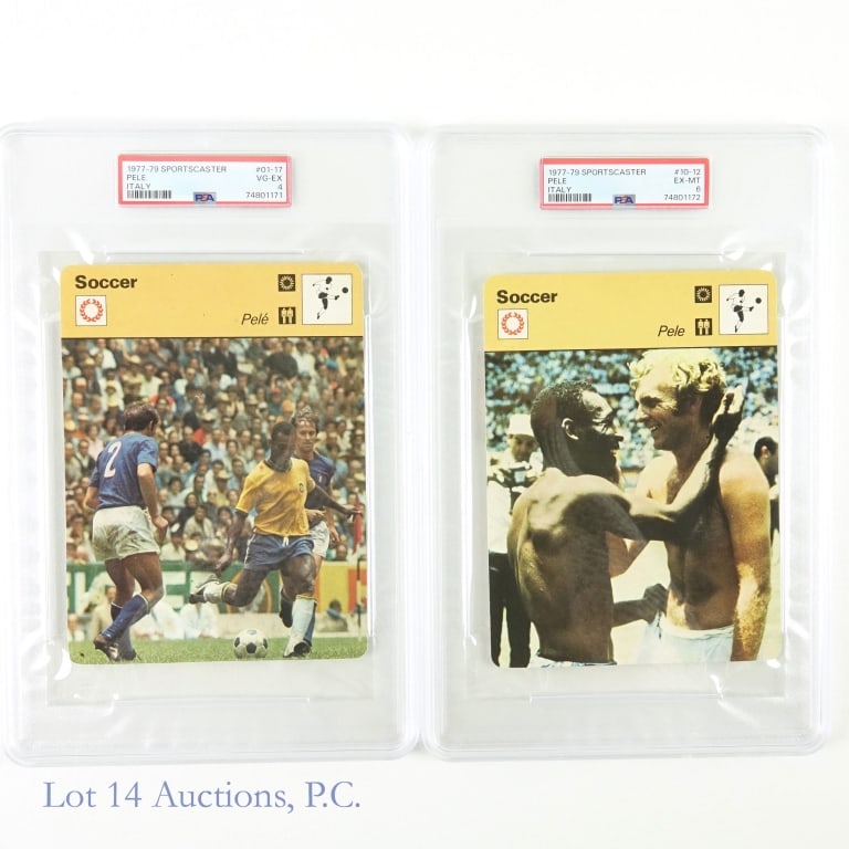 1977-79 Sportscaster Italy Pele Soccer Cards (PSA): 1977-79 Sportscaster Italy #10-12 Pele (Graded PSA 6 EX-MT) / 1977-79 Sportscaster Italy #01-17 Pele (Graded PSA 4 VG-EX) FIFA Soccer Trading Cards (2 Cards Total - Both PSA). (PSA Certification: 7480