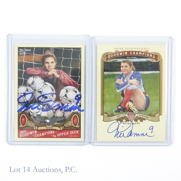Signed 2011-2012 UD Mia Hamm Cards (COA) (2): 2012 Upper Deck Goodwin Champions #A-MH Mia Hamm Auto (UD COA) / 2011 Upper Deck Goodwin Champions #58 Mia Hamm Auto (Hand Signed) FIFA MLS Soccer Trading Cards (2 Cards Total - Both Signed) (Upper De