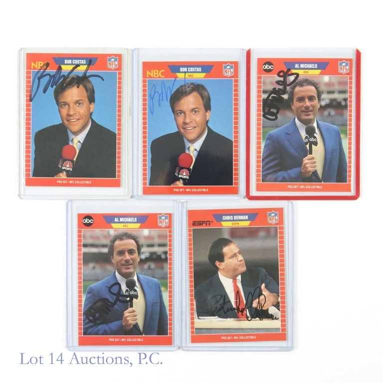 Signed 1989 Pro Set Announcer Inserts Cards (5): 1989 Pro Set Announcer Inserts #5 Chris Berman Auto (Hand Signed) / (2x) 1989 Pro Set Announcer Inserts #3 Al Michaels Autos (Hand Signed) / (2x) 1989 Pro Set Announcer Inserts #23 Bob Costas Autos (H