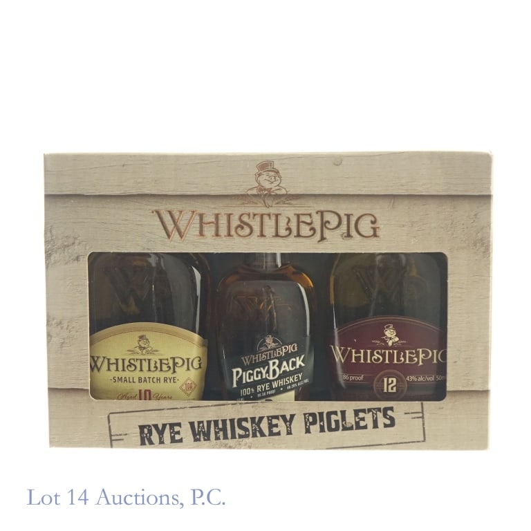 WhistlePig Rye Whiskey Piglets Mini Set: Mini Set includes: 1-WhistePig 10 Year Small Batch Rye Mini, 100 Proof, 50 ml. 2-WhistlePig 6 Year PiggyBack Rye Mini, 96.56 Proof, 50 ml. 3-WhistlePig 12 Year Old World Rye, 86 Proof, 50 ml. Box incl