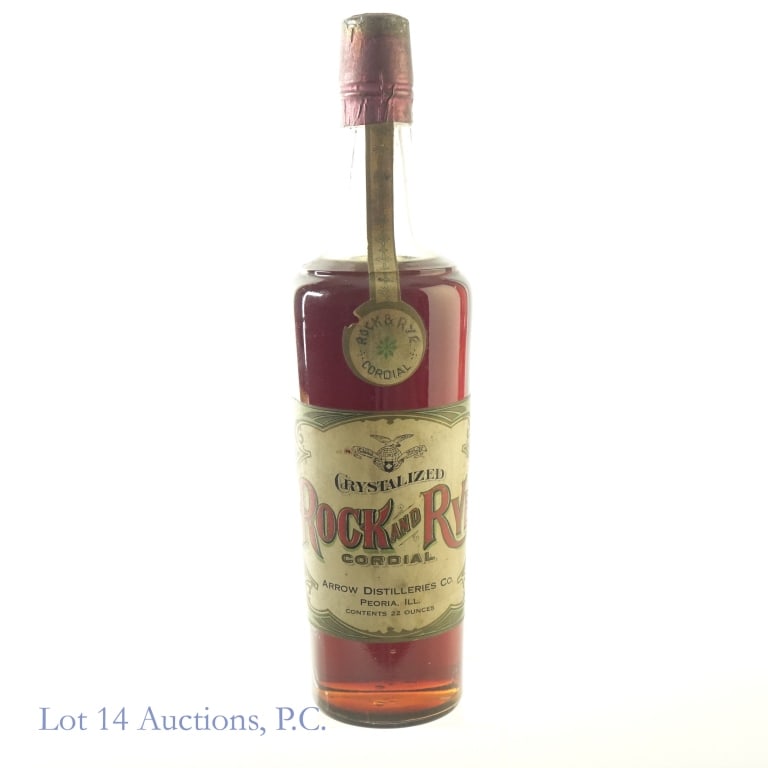 Arrow Distilleries Crystalized Rock & Rye Cordial: Arrow Distilleries Co. Crystalized Rock & Rye Cordial Proof: N/A, 22 Ounces, Distillery based in Peoria, IL.*******Please note that the contents within the bottle are extremely thick and have taken on