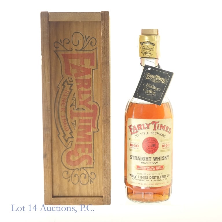 1980 Early Times Heritage Edition Bourbon W/ Box: Early Times Heritage Edition Old Style Sour Mash Bourbon, 90.4 Proof, 750 ml. "80" glass molding and circa.1980 neck tag. Plastic seal around tax strip broken but tax strip remains sealed and in good 