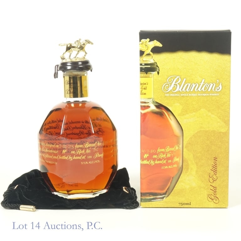 Blanton's Gold Edition Bourbon "T", 750 ml: Blanton's Gold Edition Bourbon, 103 Proof, 750 ml, Letter T, Dump Date: 09-20-23, Barrel #618, Bottle #89. Box and bag included.
