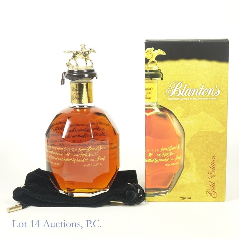 Blanton's Gold Edition Bourbon "S", 750 ml: Blanton's Gold Edition Bourbon, 103 Proof, 750 ml, Letter S, Dump Date: 09-20-23, Barrel #618, Bottle #9. Box and bag included.