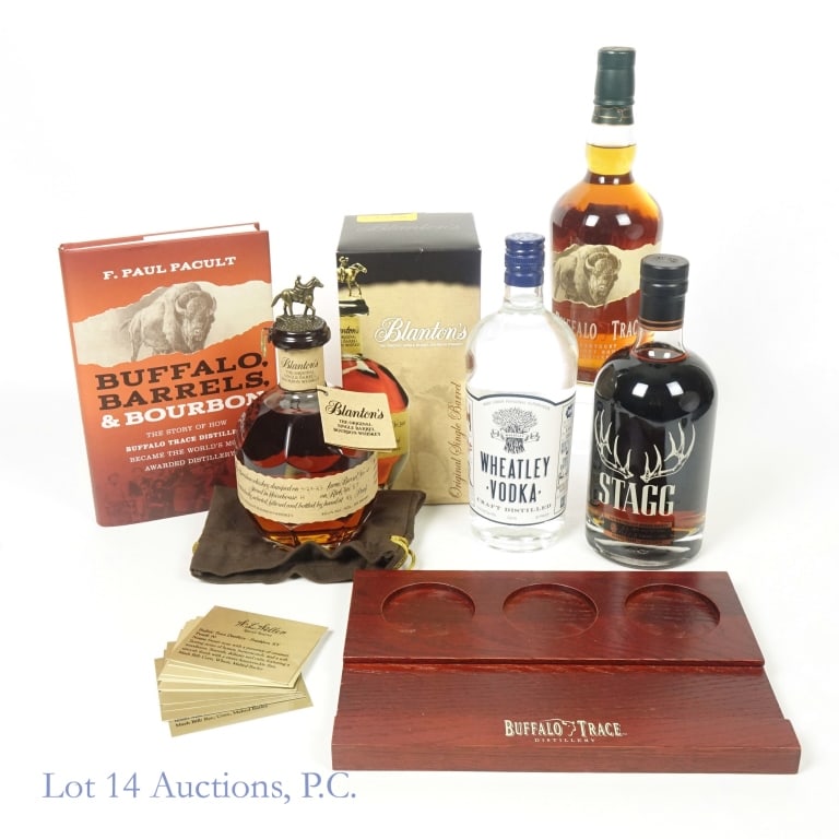 Buffalo Trace Distillery Tasting Set (4): 1-Wheatley Small Batch Vodka (2020), 82 Proof, 750 ml, Small scuff on bottom front label. 2-Buffalo Trace Bourbon (2022), 90 Proof, 750 ml. 3-Blanton's Single Barrel Bourbon, 93 Proof, 750 ml, Letter 