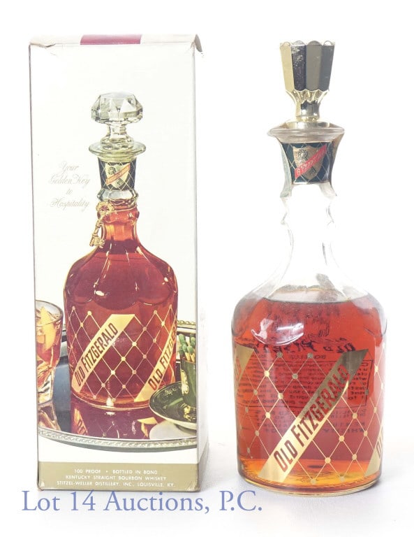 1955 Old Fitzgerald BiB Diamond Dec Stitzel Weller: Old Fitzgerald Kentucky Straight Bourbon Whiskey. 6 years old (Barreled Fall 1949 - Bottled Fall 1955). Bottled-In-Bond (100 proof). 4/5 Quart. Diamond decanter in (rougher condition) original box. Du