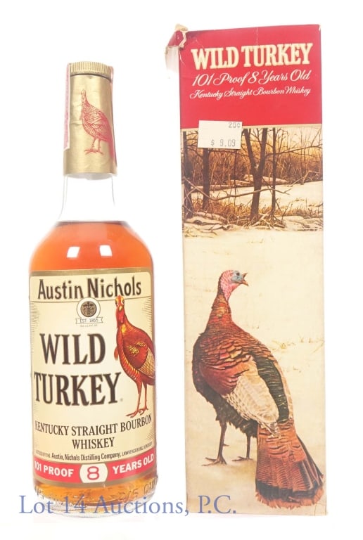 Austin Nichols Wild Turkey Kentucky straight bourbon whiskey. 8 years. 101 proof. 4/5 quart.: Austin Nichols Wild Turkey Kentucky straight bourbon whiskey. 8 years. 101 proof. 4/5 quart. original box. Series 112 (Internal Revenue) tax strip (1960 - 1977). "76" glass molding. Tax strip in very
