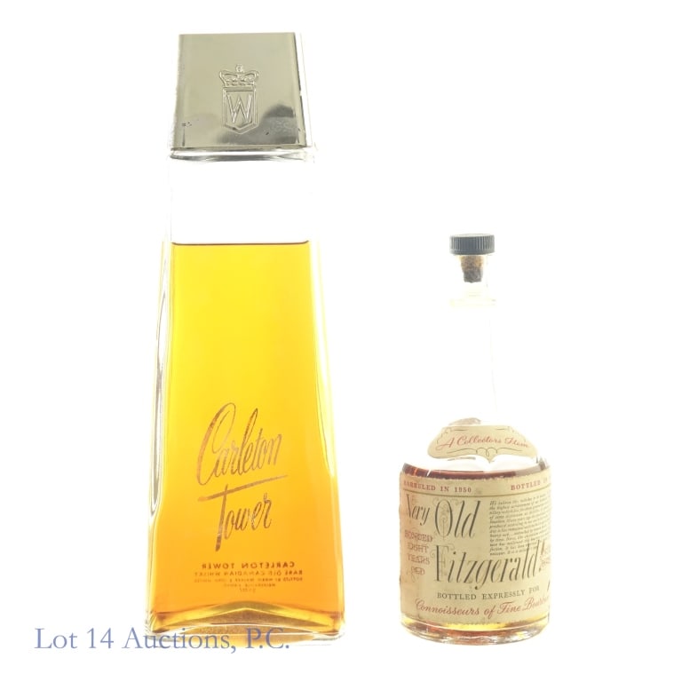 1958 Very Old Fitzgerald & 1954 Carleton Tower**: 1-Very Old Fitzgerald 8 Year Bourbon, Bottled: 1958, Barreled: 1950, Stitzel-Weller.*******Bottle has been OPENED. Fill level slightly above front label. 2-Carleton Tower Rare Old Canadian Whisky, Pro