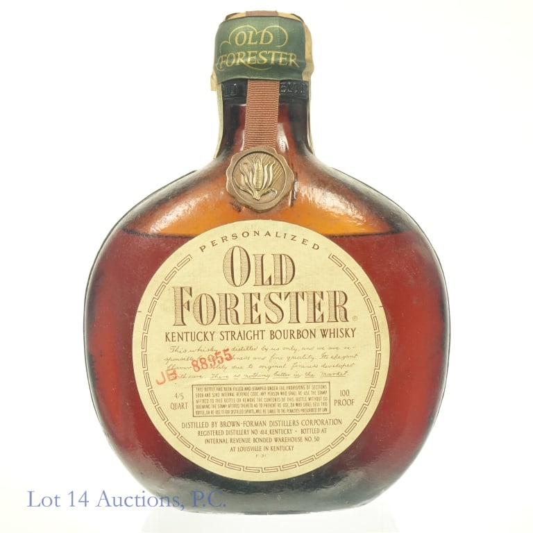 1958 Old Forester Bourbon*: Old Forester Bourbon, 100 Proof, 4/5 Quart. Brown-Forman Distilled. Bottled: Fall 1958, Made: Spring 1951. Bottle filled about 1 inch below shoulder. Paper seal above tax strip broken, tax strip under