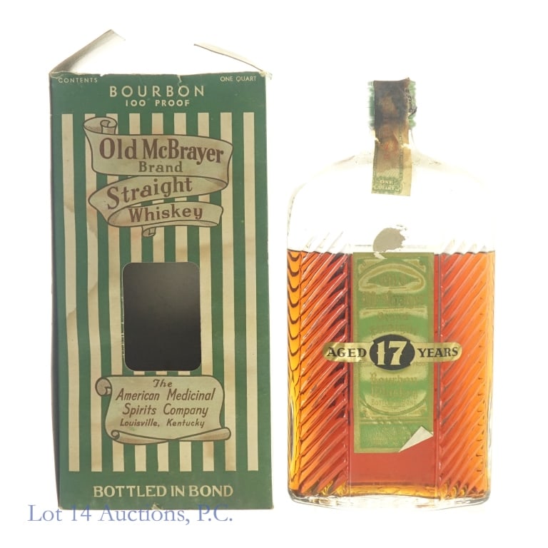 1917 Old McBrayer 17 Year BIB Bourbon (1 Qt): Old McBrayer 17 Year Bottled-In-Bond Bourbon, 100 Proof, 1 Quart. Bottled: Fall 1934, by the American Medicinal Spirits Company, Louisville, Kentucky, Warehouse No. 19, 5th District. Made: Spring 1917