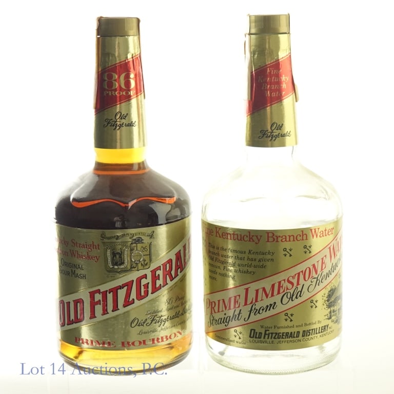 "82" Old Fitz Prime Bourbon & Old Fitz Branch H2O*: 1-Old Fitzgerald Prime Bourbon (Squat Bottle), 86 Proof, 750 ml, "82" glass molding. Minor tears and peeling on tax strip but in fair condition overall. Small tear on upper back label. 2-Old Fitzgeral
