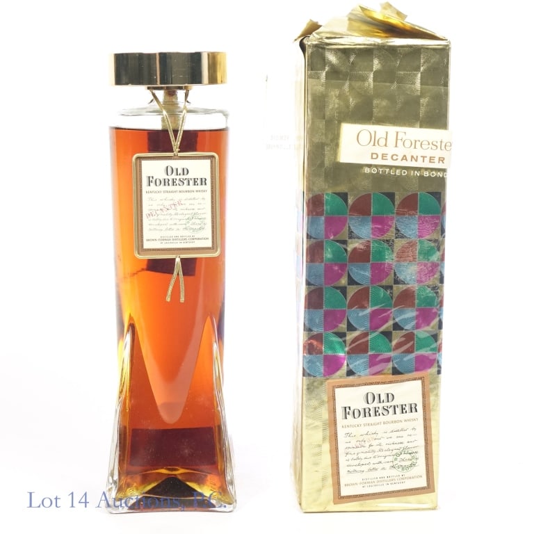 1960 Old Forester BIB Bourbon Decanter: 1960 Old Forester Bottled-In-Bond Bourbon Decanter, 100 Proof, 4/5 Quart, Barreled Spring 1955, bottled Fall 1960. Box included. Unboxing video: https://youtu.be/OCs5dN3SYPU.