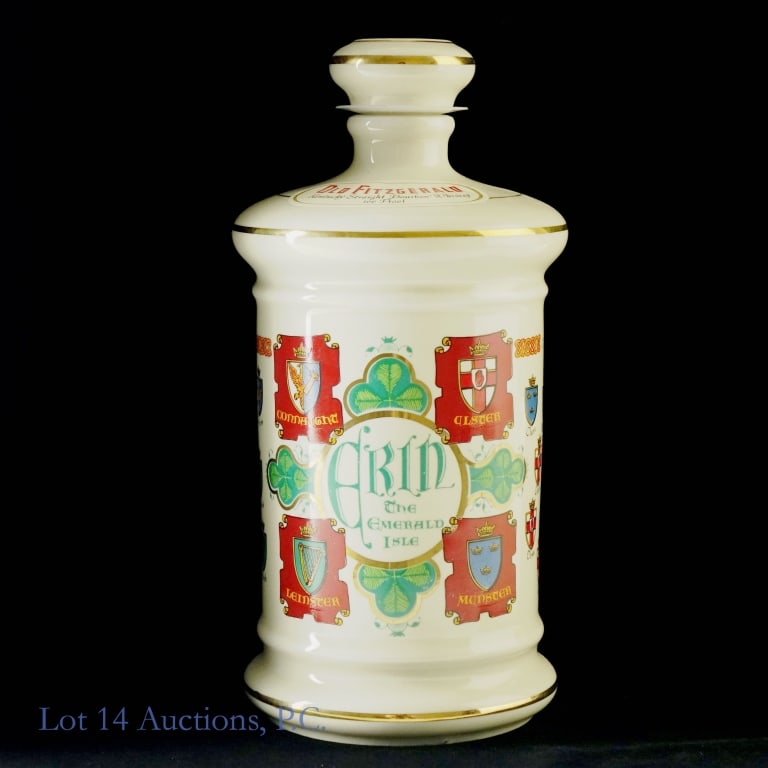 1973 Old Fitzgerald Erin The Emerald Isle Bourbon Porcelain Decanter, 100 Proof, 4/5 Quart: 1973 Old Fitzgerald Erin The Emerald Isle Bourbon Porcelain Decanter, 100 Proof, 4/5 Quart, Bottled: Spring 1973, Made: Fall 1966, Stitzel-Weller. Old Fitzgerald Collector's Gallery Decanter. Decanter