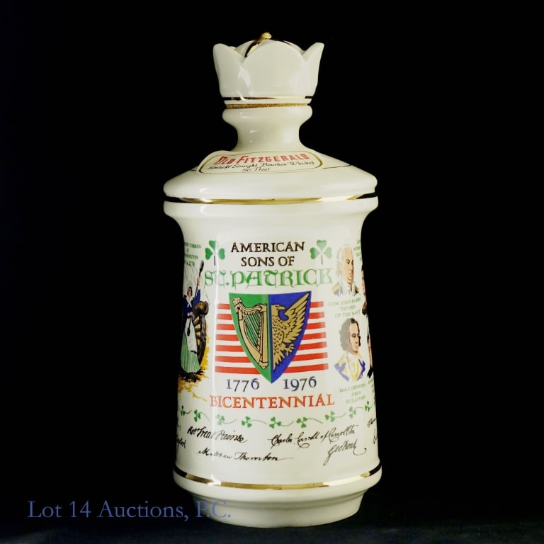 1976 Old Fitzgerald American Sons of St. Patrick Bicentennial Bourbon Porcelain Decanter: 1976 Old Fitzgerald American Sons of St. Patrick Bicentennial Bourbon Porcelain Decanter, 86 Proof, 4/5 Quart. Old Fitzgerald Collector's Gallery Decanter. Decanter weighs approximately 3 Ib, 7.9 oz.