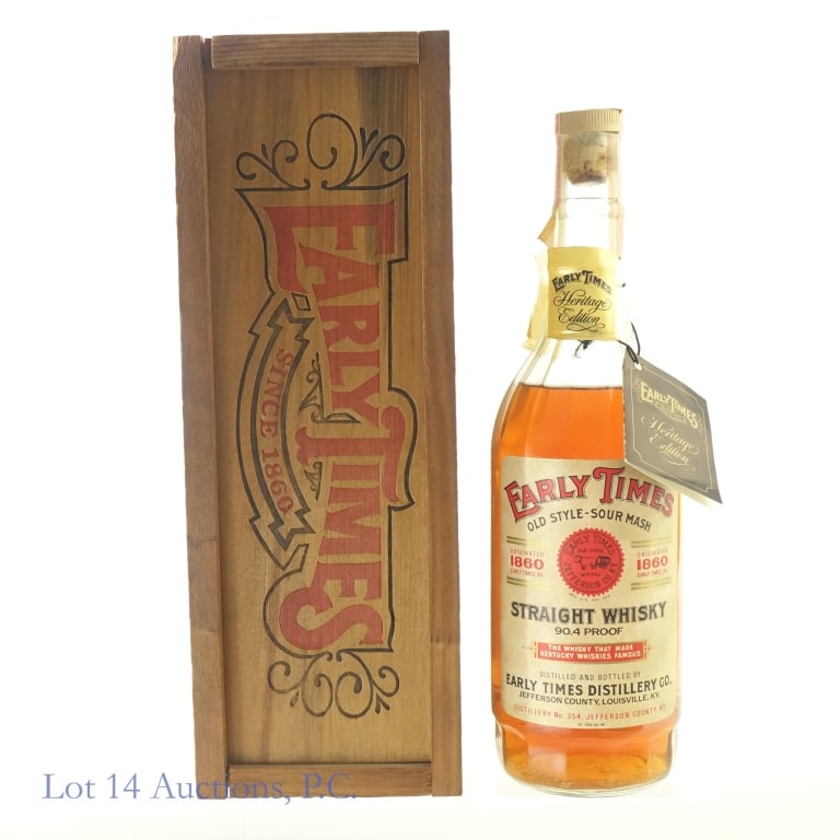 Early Times Heritage Edition Old Style Sour Mash Bourbon, 90.4 Proof, 750 ml. "80" glass: Early Times Heritage Edition Old Style Sour Mash Bourbon, 90.4 Proof, 750 ml. "80" glass molding and circa.1980 neck tag. Plastic seal around tax strip broken but tax strip remains sealed and in good 