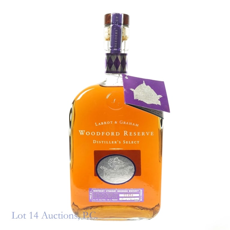 Woodford Reserve 2002 Breeder's Cup Bourbon (1 L): Woodford Reserve Distiller's Select Breeder's Cup 2002 Bourbon, 90.4 Proof, 1 Liter, Bottle #1454.**Slice on upper part of paper seal and wooden capsule, likely made from a box cutter, other minor nic