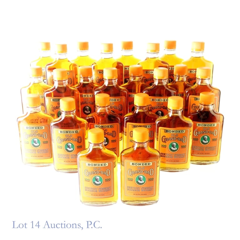 Old Grand-Dad Bonded Kentucky Bourbon 24 x 200ml: Twenty-four bottles of Old Grand-Dad Bonded Kentucky Straight Bourbon Whiskey. Bottled in bond (100 proof). 200 ml. 1994/95.