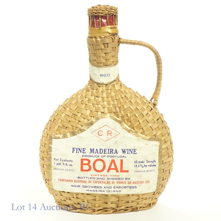 Vintage 1860 Boal Fine Madeira Wine: Vintage 1860 Boal Fine Madeira Wine, Companhia Regional de Exportacao de Vinhos da Madeira, 18.5% ABV, 1 Pint 9 oz. Vintage: 1860, Region: Madeira Island, Portugal, Medium Sweet Flavor Notes. Slight r