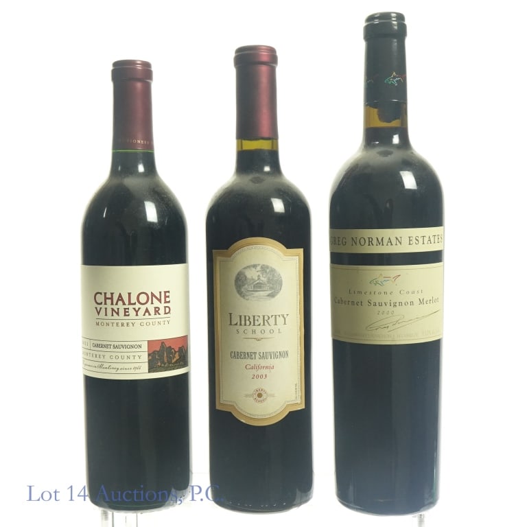 Greg Norman, Chalone Vineyard, Liberty School Cabs: 1-Greg Norman Estates Limestone Coast Red Blend, 13% ABV, 750 ml, 86% Cabernet Sauvignon, 14% Merlot, Vintage: 2000, Region: Limestone Coast, California. 2-2003 Liberty School California, 13.5% ABV, 7