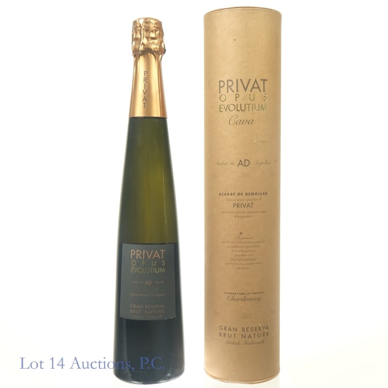 2008 Privat Opus Evolutium Gran Reserva Brut: AA Alta Alella Privat Opus Evolutium Cava Gran Reserva Brut Nature, 12% ABV, 750 ml, Region: Catalonia, Spain, Sparkling Wine. Vintage: 2008. Cylinder tube included, slight wear on front of tube.