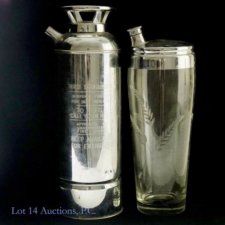 Chrome Thirst Musical Extinguisher & Glass Shaker: 1-Mid-Century Thirst Music Box Extinguisher Cocktail Shaker/Pourer. Approximately 11 1/2" in height with a base approximately 3 3/4" in diameter. Chrome is slightly tarnished with minor signs of rust.