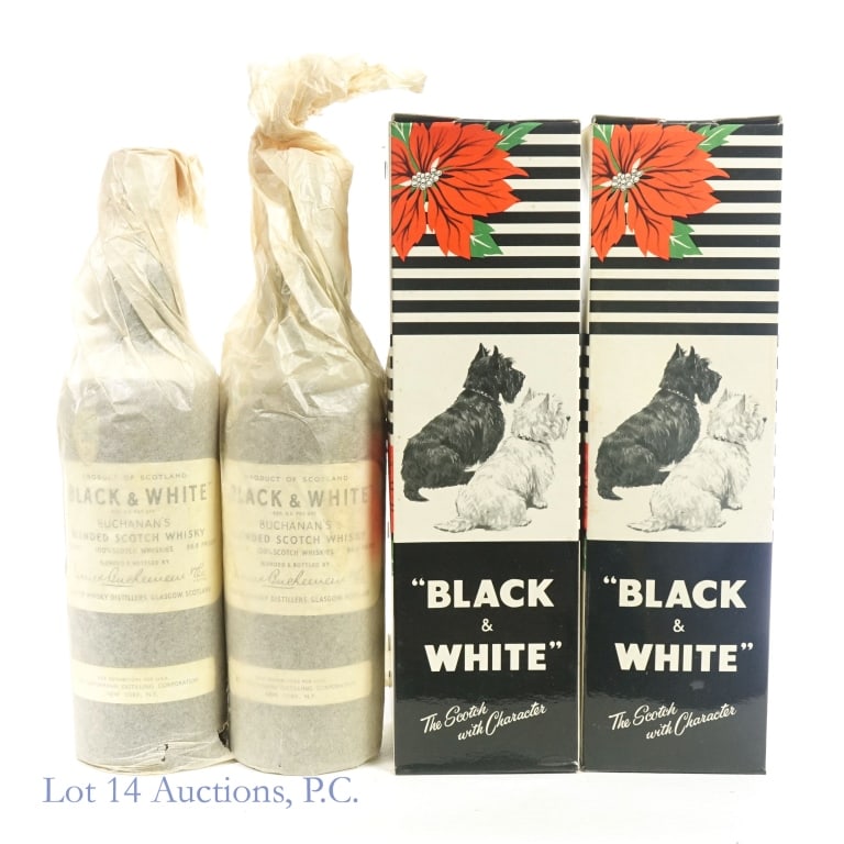 Black & White Blended Scotch (2, 1940s-1960s): Black & White Blended Scotch, 86.8 Proof, 4/5 Quart, 1940s-1960s bottling (x2). Boxes included for both bottles.