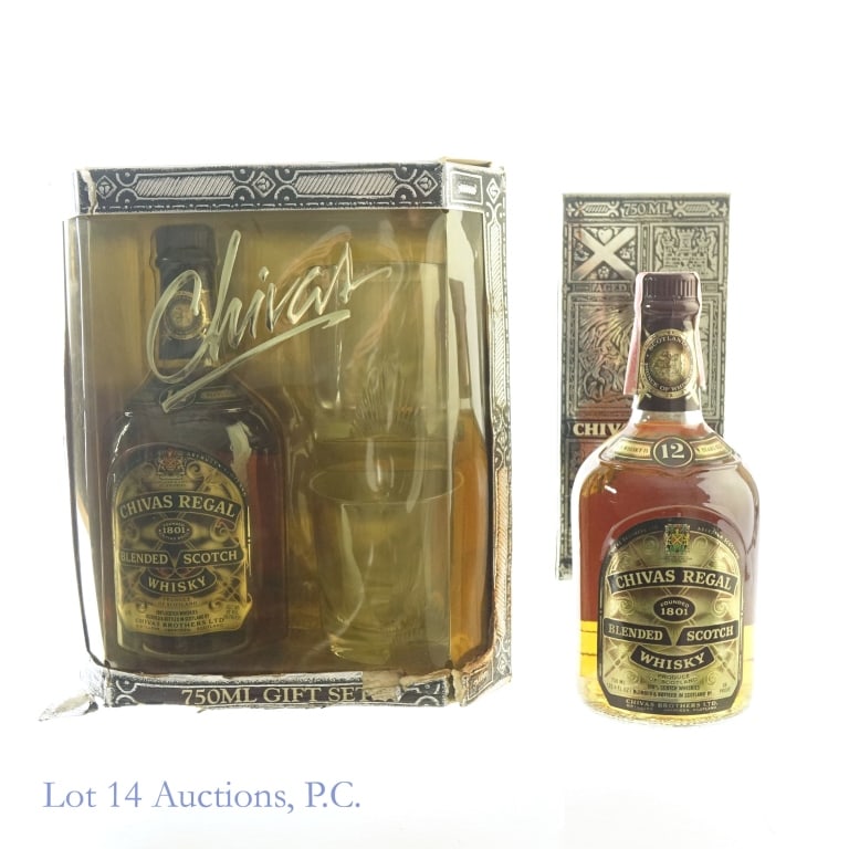 Chivas Regal 12 Year Blended Scotch Gift Set (2): 1-Chivas Regal 12 Year Blended Scotch, 86 Proof, 750 ml. 1980s bottling. Tax strip loose but intact and in fair condition overall. Box included, bottom of box broken and very fragile. 2-Chivas Regal 1