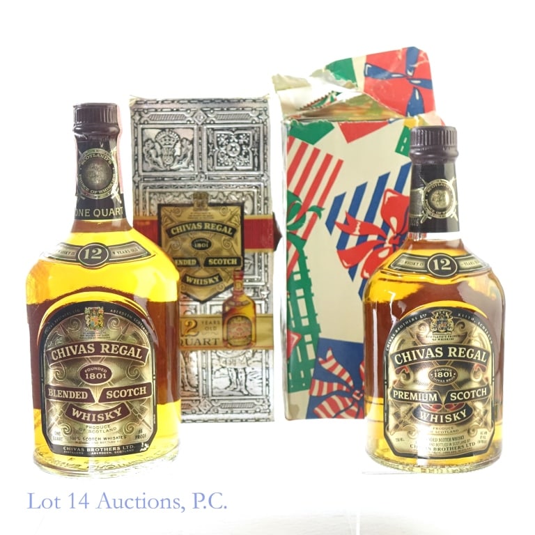 Chivas Regal 12 Year Premium & Blended Scotch (2): 1-Chivas Regal 12 Year Premium Scotch Whisky, 80 Proof, 750 ml. Box included with wrapping paper around it. 2-Chivas Regal 12 Year Blended Scotch, 86 Proof, 1 Quart. 1960s-1970s bottling. Slight scuff
