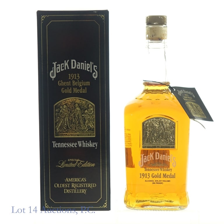 Jack Daniel's 1913 Gold Medal Tennessee Whiskey: Jack Daniel's 1913 Gold Medal Ghent Belgium Tennessee Whiskey, 90 Proof, 750 ml, Bottle #9244, Box included.