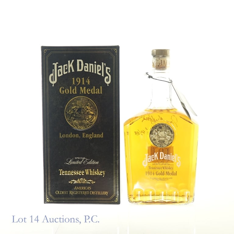 Jack Daniel's 1914 Gold Medal Tennessee Whiskey: Jack Daniel's 1914 Gold Medal London, England Tennessee Whiskey, 90 Proof, 750 ml, Bottle #131508. Box included.