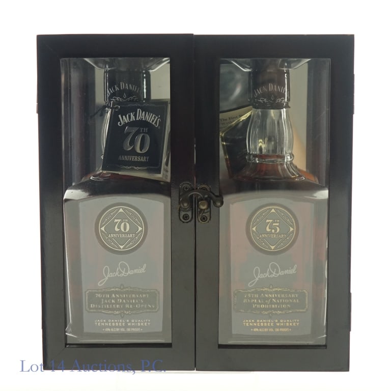 Jack Daniel's 70th & 75th Anniversary Whiskey Set: 1-Jack Daniel's 70th Anniversary Tennessee Whiskey, 90 Proof, 750 ml, Jack Daniel's Distillery Re-Opens (1938). Bottle #14102. 2-Jack Daniel's 75th Anniversary Tennessee Whiskey, 90 Proof, 750 ml, Rep