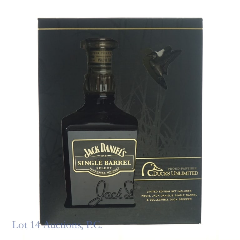 Jack Daniel's Ducks Unlimited Tenn. Whiskey (2013): Jack Daniel's Single Barrel Select Ducks Unlimited Tennessee Whiskey, 94 Proof, 750 ml, Bottled: 07-23-13, Barrel #13-4186. Bottle also includes a Ducks Unlimited cork. Box included.