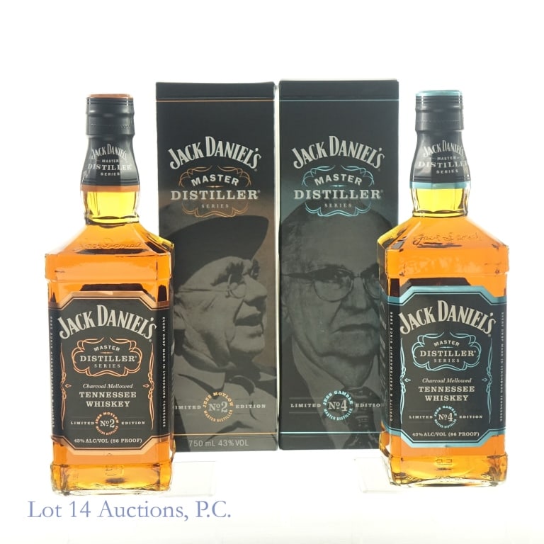Jack Daniel's Master Distiller Series 2 & 4 Whiskey: 1-Jack Daniel's Master Distiller Series 2 Tennessee Whiskey, 86 Proof, 750 ml, Edition 2: Jesse Butler "Jess Motlow", Bottle #OF1374. Slight nick on top and bottom of front label. Box included. 2-Jack