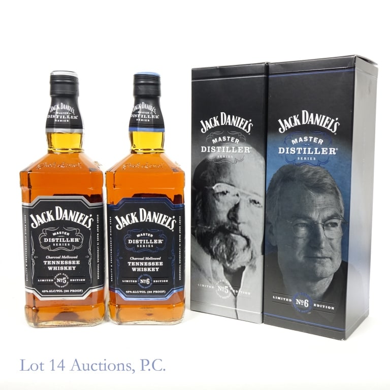Jack Daniel's Master Distiller Series 5&6 (2, 1L): 1-Jack Daniel's Master Distiller Series Edition 5 Tennessee Whiskey, 86 Proof, 1 Liter, Edition 5: Frank Thomas, "Frank Bobo", Bottle #ZT7338, Box included. 2-Jack Daniel's Master Distiller Series Edi