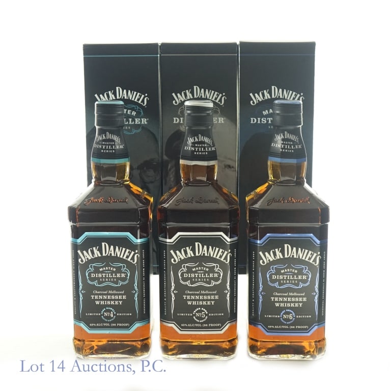 Jack Daniel's Master Distiller Srs 4,5,6 (3, 1 L): 1-Jack Daniel's Master Distiller Series Edition 4 Tennessee Whiskey, 86 Proof, 1 Liter, Edition 4: Jesse Cowan, "Jess Gamble", Bottle #TI1039. Slight nicks on top and bottom of front label. Box includ