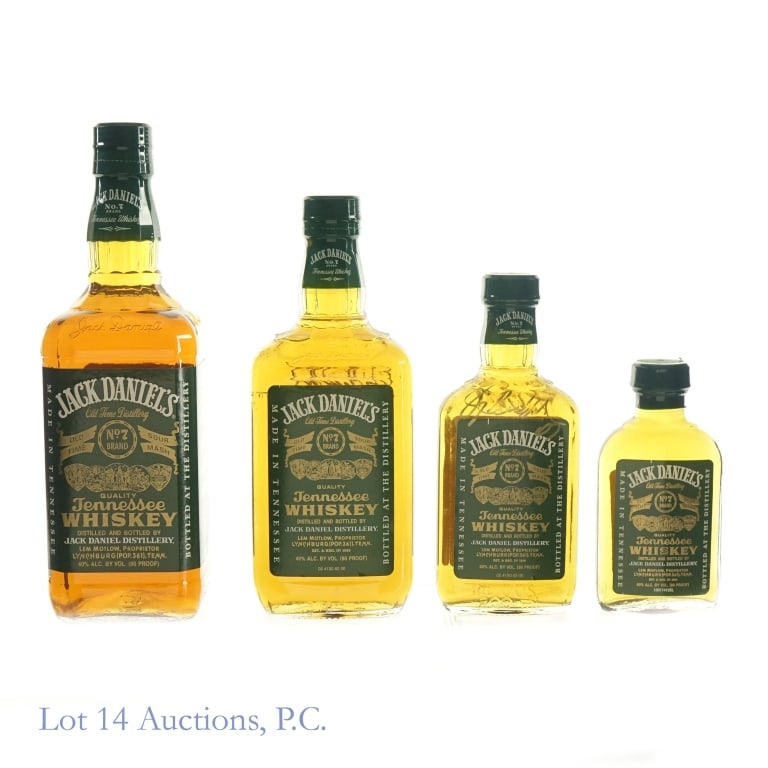 Jack Daniel's Green Label Tenn. Whiskey (4): 1-Jack Daniel's Green Label Tennessee Whiskey, 80 Proof, 100 ml. 2-Jack Daniel's Green Label Tennessee Whiskey, 80 Proof, 200 ml, Signed by Master Distiller Jimmy Bedford (2007). 3-Jack Daniel's Green