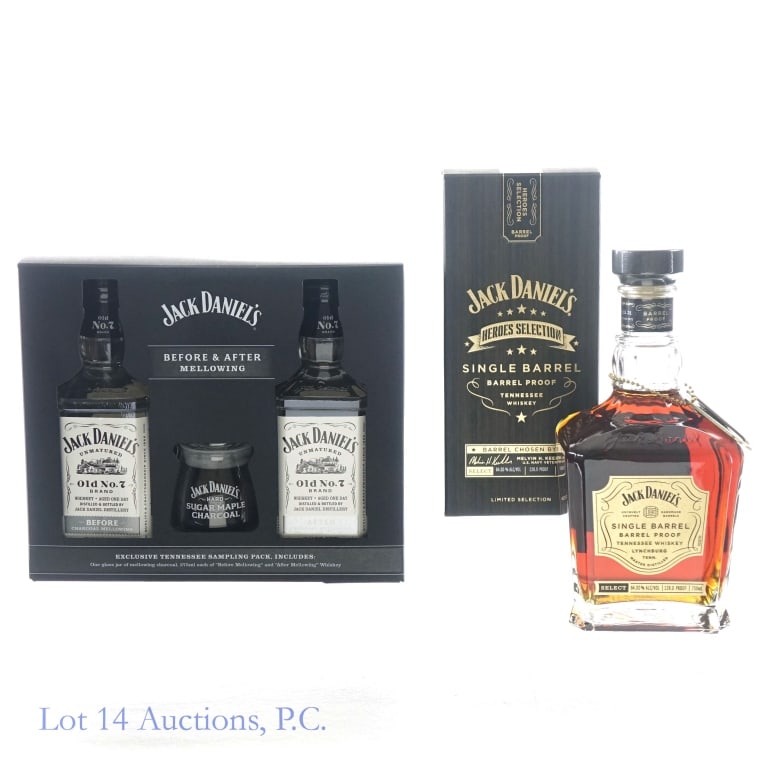 Jack Daniel's Heroes & Before/After Mellowing Set: 1-Jack Daniel's Single Barrel Barrel Proof Tennessee Whiskey, 128 Proof, 750 ml, Heroes Selection Bottled: 06-15-21, Barrel #21-05602. Box included with Heroes Selection dog tag. 2-Jack Daniel's Befor