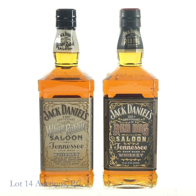 Jack Daniel's Red Dog & White Rabbit Whiskey (2): 1-Jack Daniel's Red Dog Saloon Tennessee Whiskey, 86 Proof, 750 ml, 125th Anniversary, Bottle #43839. 2-Jack Daniel's White Rabbit Saloon Tennessee Whiskey, 86 Proof, 750 ml, 120th Anniversary, Bottle