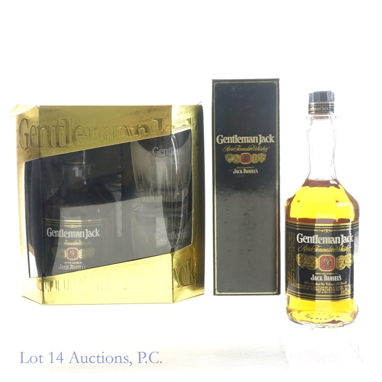 Gentleman Jack Rare Whiskey & Gift Set (2): 1-Gentleman Jack Rare Tennessee Whiskey, 80 Proof, 750 ml, Box included. 2-Gentleman Jack Rare Tennessee Whiskey, 80 Proof, 750 ml. Gift set includes 2 Gentleman Jack drinking glasses. Box included, u